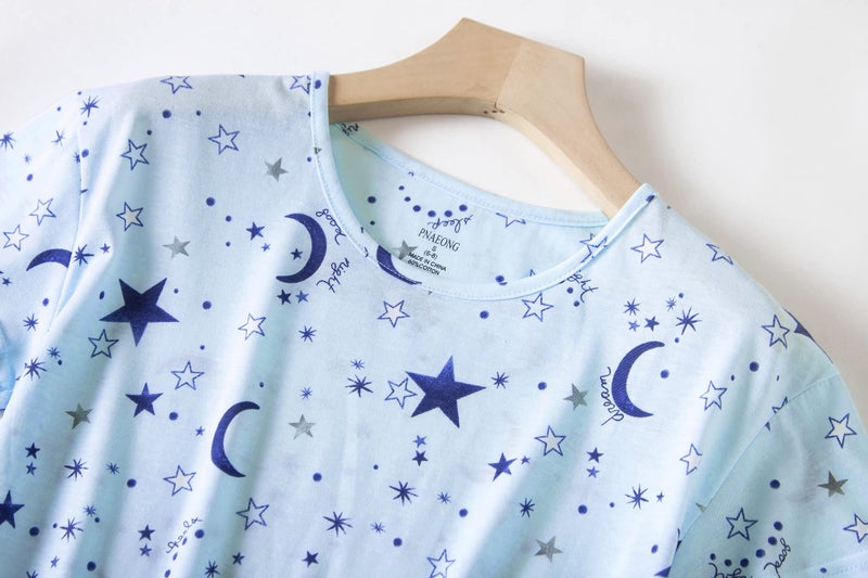 PNAEONG Womenâ€™s Pajama Set - Cotton-Blend Short-Sleeve Loose Top with Matching Capri Bottoms SY215-Blue Star-XL - Image 5